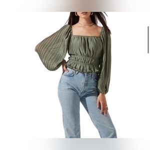 ASTR Pleated Square Neck Cinched Waist Blouse